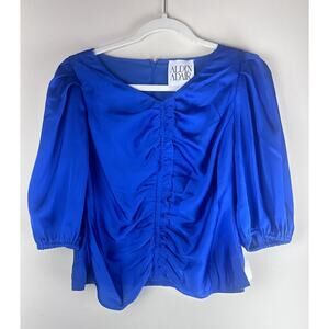 Alden Adair Blouse Blue Ruched Front Balloon Sleeve Large NWT Lined 3/4 Sleeves